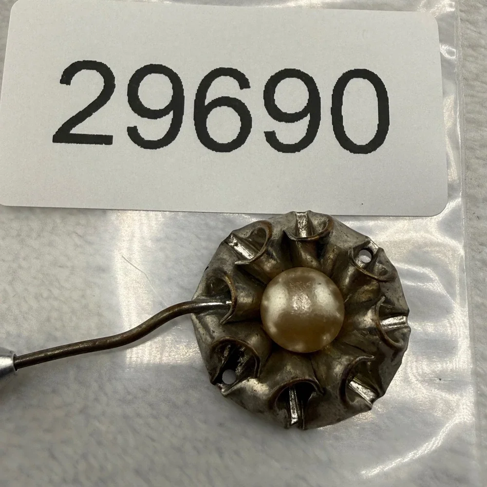 Vintage Stick Pin Silver Tone Flower Faux Pearl Textured Lapel READ